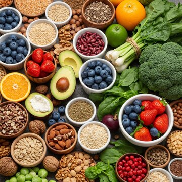 Healthy food promoting wellbeing with fresh vegetables, fruits, berries, nuts and seeds providing essential nutrients