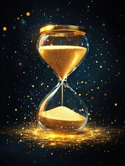 Golden sand flowing in hourglass against dark background with sparkling particles of light