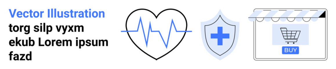 Heart with ECG line, shield with cross, and online store storefront highlight digital health, insurance, and e-commerce. Ideal for healthcare, security, technology, insurance wellness medical flat