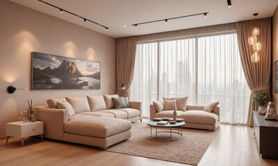 Tech-infused living room in dusty rose, with AI-powered furniture that adjusts to user preferences for seating and comfort, and smart