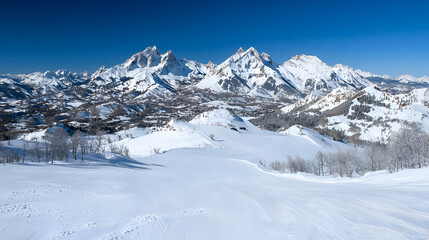 Fototapeta premium Snowy mountain range vista, ski slope, winter landscape, travel postcard