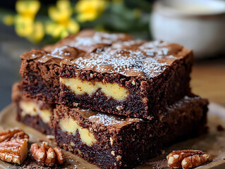 Decadent brownie squares with creamy filling topped with powdered sugar and pecans on wooden plate. Generative AI