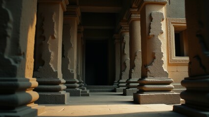 Naklejka premium This minimalist photograph depicts monks walking in a line through Angkor Wat at sunrise, evoking a sense of tranquility and spiritual devotion.