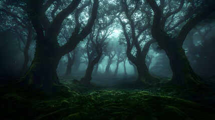 Mysterious forest illuminated by ethereal light creating an enchanting atmosphere of serenity and wonder. Generative AI