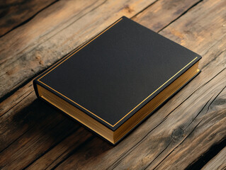 Black Book on Rustic Wood: A classic hardcover book with a black cover and gold edging rests elegantly on a rustic wooden surface. The image evokes a sense of mystery, knowledge.