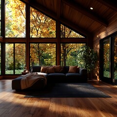 Fototapeta premium Autumn Sunlight in a Cozy Wooden Cabin