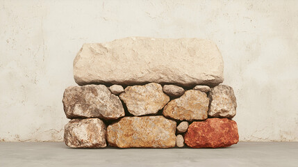 Stone wall structure against textured wall;  product display; interior design