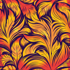 Ornate gold and orange floral pattern on a deep purple background.