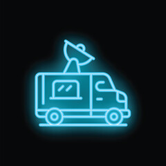 Glowing neon icon of a news van transmitting live signal using a satellite dish, perfect for topics of journalism or broadcasting