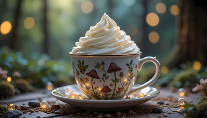 Fototapeta premium Whipped cream in a whimsical teacup, fairy lights, forest background