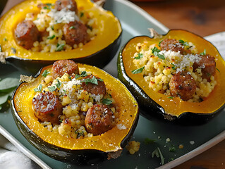 Delicious stuffed acorn squash with sausage and grain served on an elegant platter. Generative AI