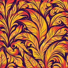 Ornate gold and orange floral pattern on a deep purple background.