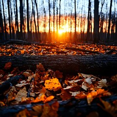 Autumn Sunset in Forest with Orange Leaves