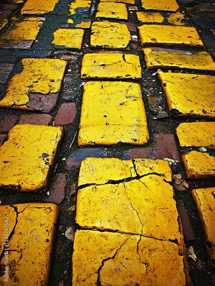 Poster yellow painted blocks on brick surface with cracks and texture creating an abstract pattern