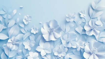 A delicate illustration of soft paper cut flowers on a light blue, empty background, designed for a wedding mockup.