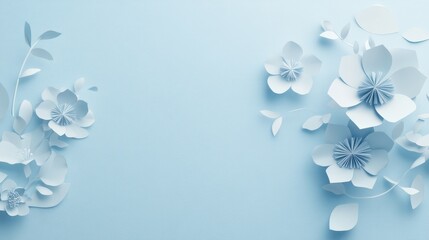 A delicate illustration of soft paper cut flowers on a light blue, empty background, designed for a wedding mockup.