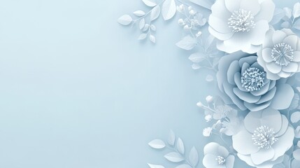 A delicate illustration of soft paper cut flowers on a light blue, empty background, designed for a wedding mockup.