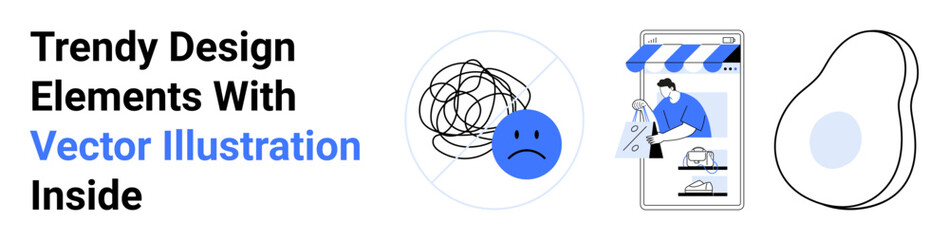 Abstract sad face with tangled lines, online store items with a human figure browsing, and an organic blob shape. Ideal for mental health, e-commerce, design, emotions, simplicity, modernity flat