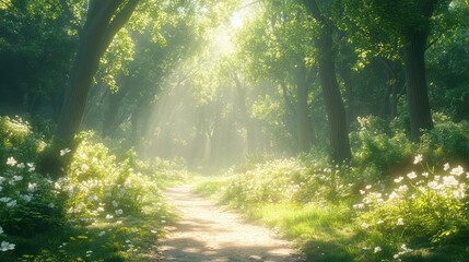 Obraz premium Serene Sunlit Forest Path with Blooming Flowers on a Tranquil Spring Morning