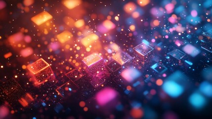 Fototapeta premium Abstract 3D rendering of luminous cubes. Dynamic shapes with glowing edges in chaotic motion., Generative AI