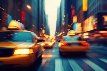 NYC taxis speeding, city night blur, advertising