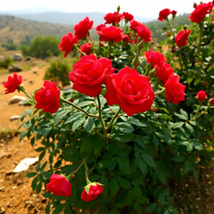 Large Bush of Red Roses Set Against Natural Background