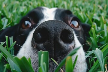 A close-up of a dog's face, featuring its black and white nose and eyes, resting in lush green grass.