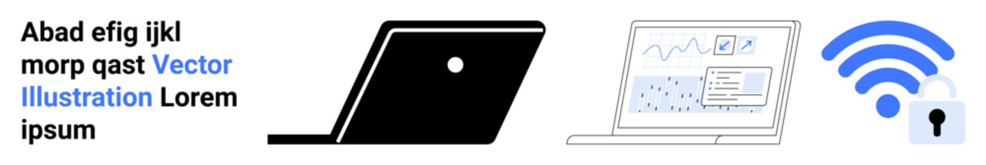 Laptop showing analytics, closed device, secure wireless signal with lock. Ideal for tech, cybersecurity, remote work, data privacy, online learning, communication abstract line flat metaphor