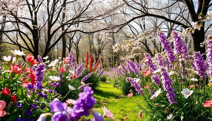 A picturesque garden path lined with vibrant displays of colorful flowers, including pink, purple, and white blooms, meanders through a lush spring landscape