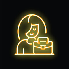 Yellow glowing neon icon of a businesswoman holding a briefcase, symbolizing career achievement and ambition