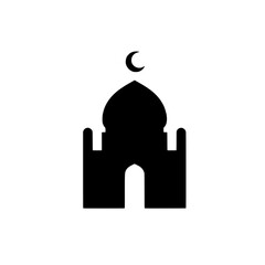 Mosque Icon: A simple yet elegant silhouette of a mosque, featuring a dome, minaret, and crescent moon, symbolizes faith, spirituality, and Islamic culture.