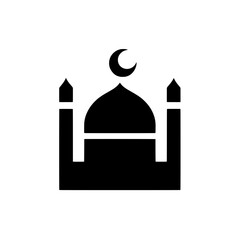 Mosque Icon: A simple yet powerful black silhouette icon depicting a mosque, featuring a crescent moon atop the dome. The minimalist design makes it perfect for religious and cultural representations.
