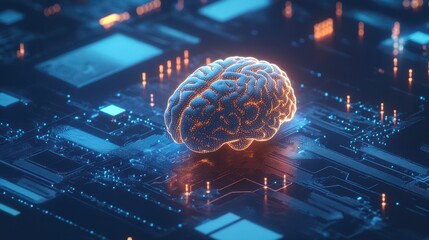 A digital human brain positioned atop a glowing blue circuit board, surrounded by neural chips, set against a backdrop of futuristic technology.