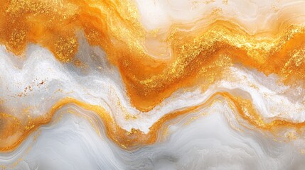 Abstract gold and white fluid art with glitter texture and flowing organic shapes background