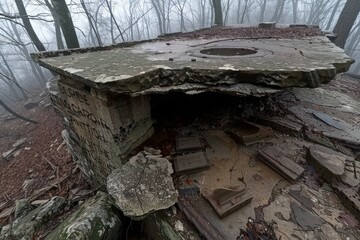 A weathered stone structure sits amidst foggy woods, hinting at a forgotten history and nature's reclaiming touch.