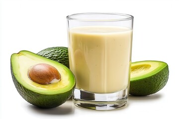 Fresh Avocado Smoothie in Glass with Sliced Avocados Beside It