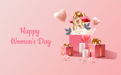 8 march Happy Women's Day. Realistic pink open gift box with foil balloon number, heart shape balloon, flowers, candles. Banner, web poster, flyer, stylish brochure, greeting card, cover background.