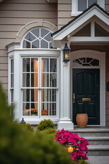 Elegant Home Exterior: Modern Architecture and Landscaping Design.  Luxury Real Estate Property with Classic Style and Beautiful Front Entrance.