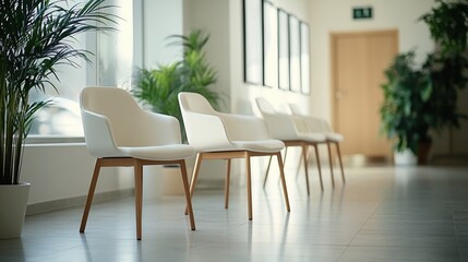 Waiting area with white chairs and green plants in a bright modern office space interior