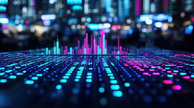 Colorful audio visualization overlaid on a dark background