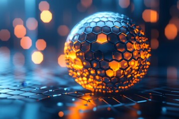 Abstract 3D rendering of hexagonal grids forming a dynamic sphere. Sci-fi theme., Generative AI