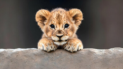 Fototapeta premium Lion cub peering over rock, wildlife sanctuary background, zoo animal portrait, cute wildlife image