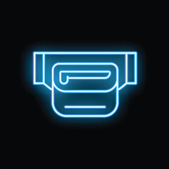 Blue neon sign shaped like a waist bag glowing on a dark background