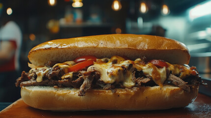 Philly Cheesesteak in a Rustic Diner Setting