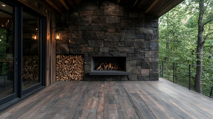 Modern stone fireplace on deck overlooking forest