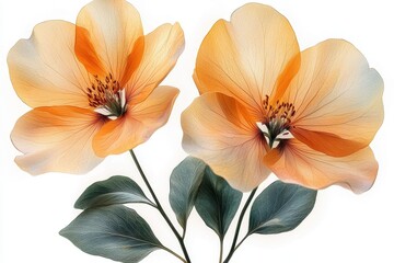 Fototapeta premium Two delicate orange flowers with green leaves on a white background.