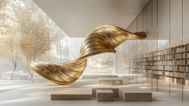 gold sculpture spirals elegantly in modern library setting