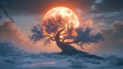 Fototapeta premium A fantasy winter night landscape featuring fluffy, twisted trees beneath a large, glowing moon.