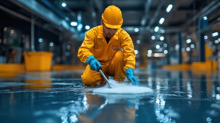 Industrial Floor Cleaning: A Worker in Yellow Protective Gear Scrubs a Factory Floor