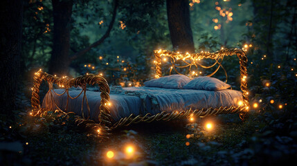 bed frame made of twisting gold vines surrounded by glowing lights
